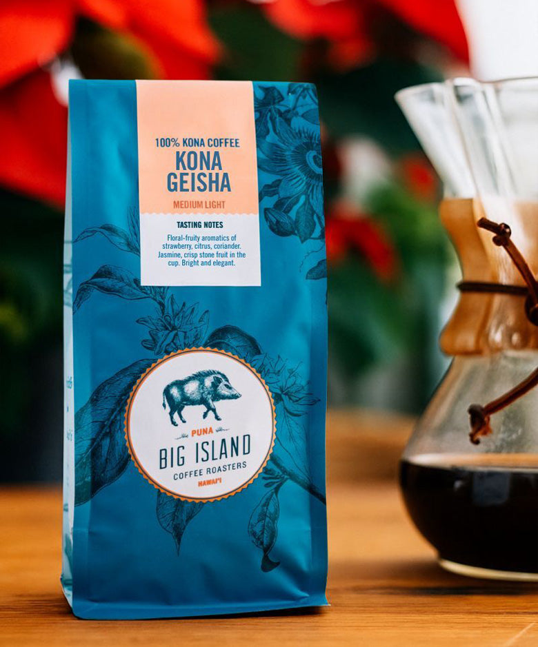 100% Kona Geisha Coffee Beans roasted medium to light floral notes